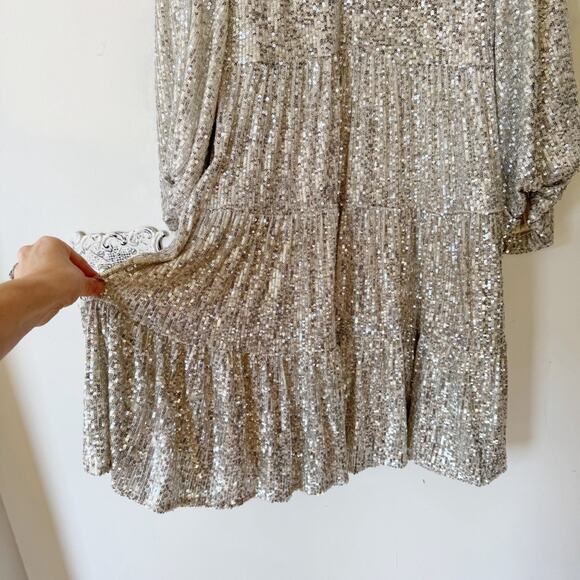Eliza J Silver Sequin Tiered Fit and Flare Mini Dress Pockets Balloon Sleeves 4 - Picture 8 of 12